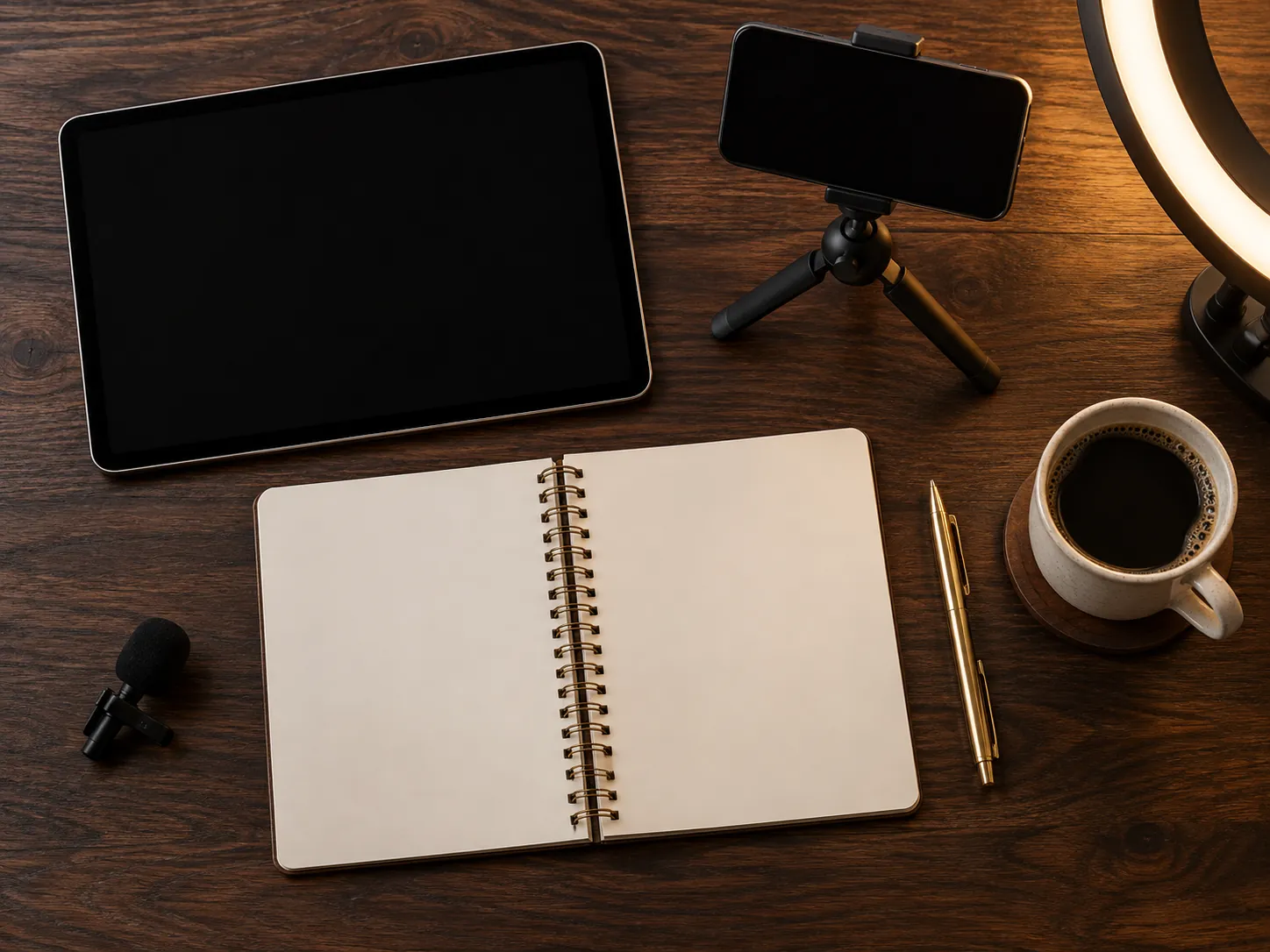 A dark walnut desk from above with a tablet, a planner, a phone on a tripod, a gold pen and coffee