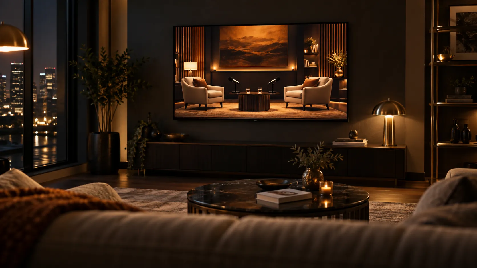A living room at night with a TV showing an empty interview set